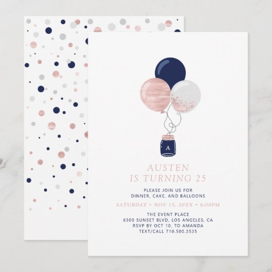 Invitation Rose Gold & Navy Ballons Moderne fête d'anniversai (Devant / Derrière)