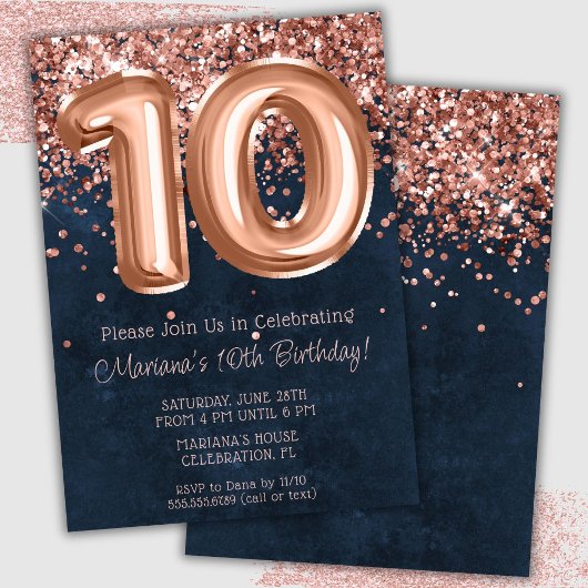 Invitation Rose Gold Navy Bleu 10e anniversaire de fête Invit