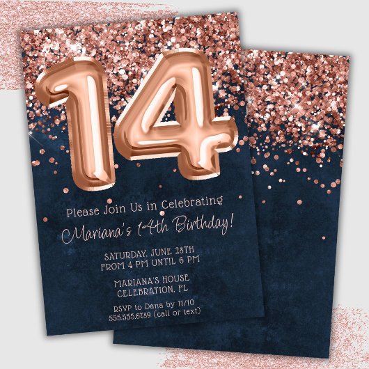Invitation Rose Gold Navy Bleu 14e anniversaire de fête Invit
