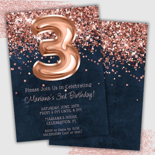 Invitation Rose Gold Navy Bleu 3ème anniversaire de fête Invi