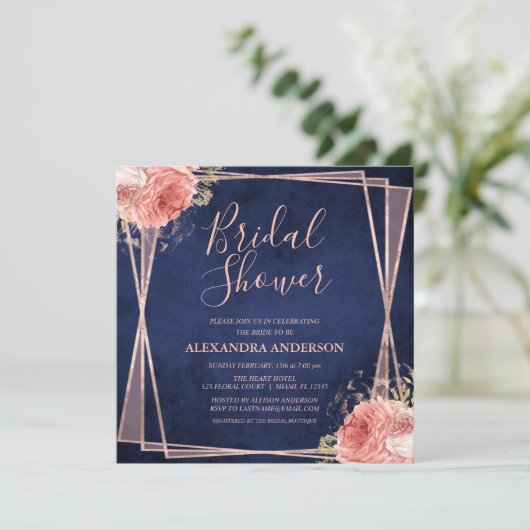 Invitation Rose Gold Navy Bleu Floral Fête des mariées modern (Debout devant)