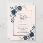 Invitation Rose Gold Navy bleu rose 50e anniversaire Floral (Devant)