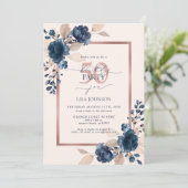 Invitation Rose Gold Navy bleu rose 50e anniversaire Floral (Debout devant)