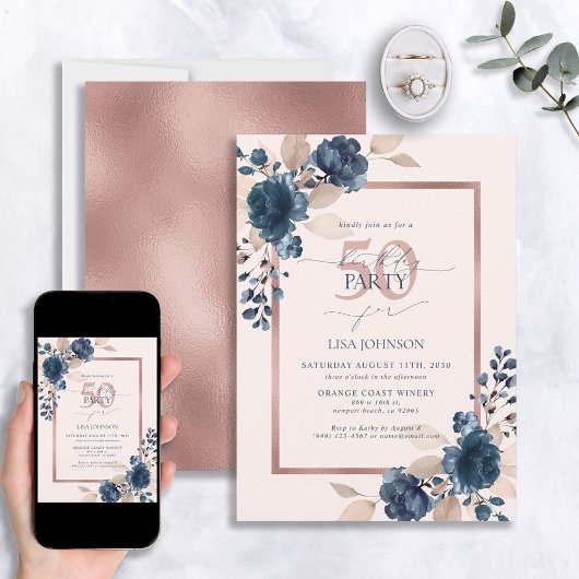 Invitation Rose Gold Navy bleu rose 50e anniversaire Floral