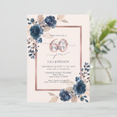 Invitation Rose Gold Navy bleu rose 60e anniversaire Floral (Debout devant)