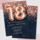 Invitation Rose Gold Navy Blue 18th Birthday Party<br><div class="desc">Rose Gold Navy Blue 18th Birthday Party Invitation et or rose élégant moderne 18th anniversaire invitation pour une fille de 18 ans avec écriture de script moderne et des ballons de papier amusant.</div>