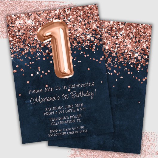 Invitation Rose Gold Navy Blue 1er Anniversaire Fête Invitati