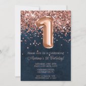 Invitation Rose Gold Navy Blue 1er Anniversaire Fête Invitati (Devant)