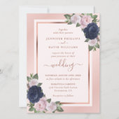 Invitation Rose Gold Navy Blue Blush Floral Mariage (Devant)