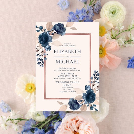 Invitation Rose Gold Navy Blue Dusty Pink Floral Wedding