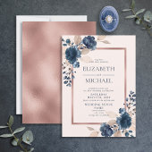 Invitation Rose Gold Navy Blue Dusty Pink Floral Wedding