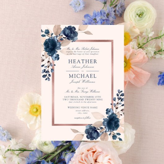 Invitation Rose Gold Navy Blue Dusty rose Floral Mariage