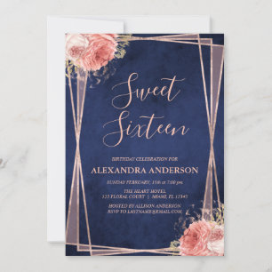 Invitation Rose Gold Navy Blue Floral Sweet sixteen Anniversa