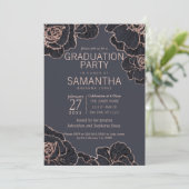 Invitation Rose Gold Navy Blue Flowers Graduation Party (Debout devant)