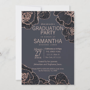 Invitation Rose Gold Navy Blue Flowers Graduation Party