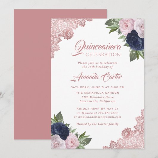 Invitation Rose Gold Navy Blue Quinceañera 15e anniversaire (Devant / Derrière)