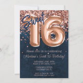 Invitation Rose Gold Navy Blue Sweet 16 Anniversaire (Devant)