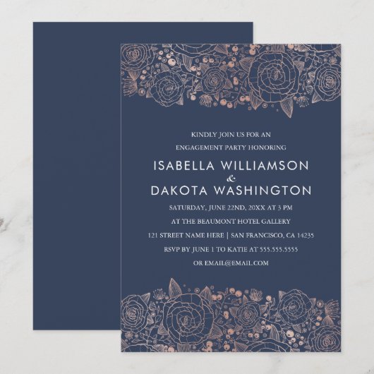 Invitation Rose Gold & Navy | Chic Floral Engagement Party (Devant / Derrière)