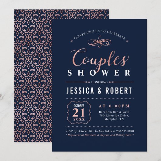 Invitation Rose Gold & Navy | Élégant Wedding shower Couples (Devant / Derrière)