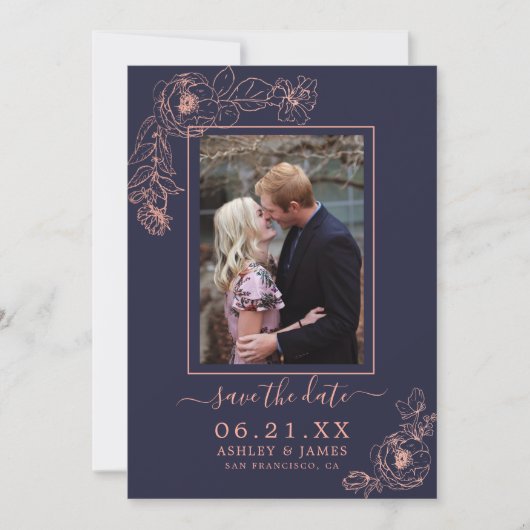 Invitation Rose Gold Navy Fleur Photo Mariage Save The Date (Devant)