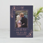 Invitation Rose Gold Navy Fleur Photo Mariage Save The Date (Debout devant)