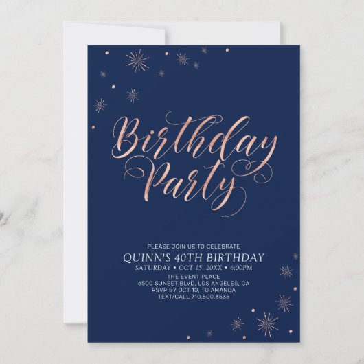 Invitation Rose Gold & Navy Modern Chic Adulte fête d'anniver (Devant)