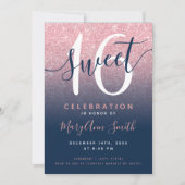 Invitation Rose Gold Navy Parties scintillant Ombre 16e anniv (Devant)