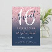 Invitation Rose Gold Navy Parties scintillant Ombre 16e anniv (Debout devant)