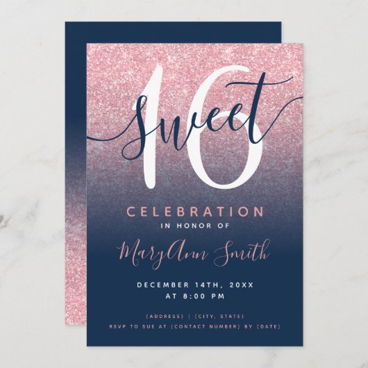 Invitation Rose Gold Navy Parties scintillant Ombre 16e anniv (Devant / Derrière)