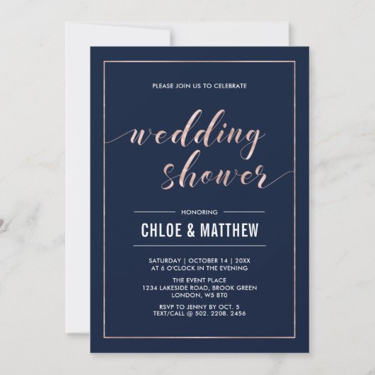 Invitation Rose Gold & Navy | Simple Moderne Réception de Mar (Devant)