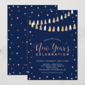 Invitation Rose Gold & Navy | Soirée du Nouvel An moderne (Devant / Derrière)