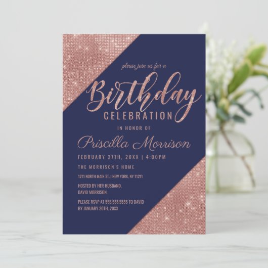 Invitation Rose Gold Navy Sparkling Parties scintillant Sequi (Debout devant)