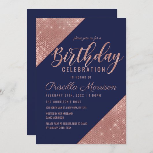 Invitation Rose Gold Navy Sparkling Parties scintillant Sequi (Devant / Derrière)