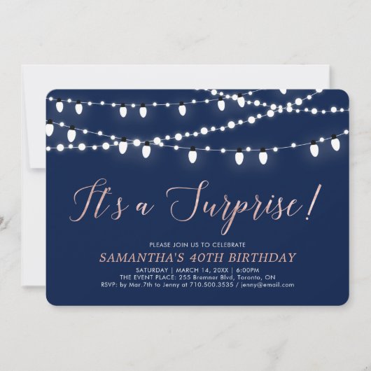 Invitation Rose Gold & Navy | Surprise 40e fête d'anniversair (Devant)