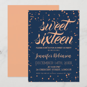 Invitation Rose Gold Navy Sweet 16 Sparkle Confetti