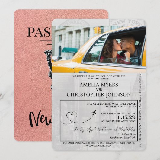 Invitation Rose Gold New York City Passport Mariage (Devant / Derrière)