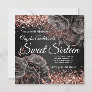 Invitation Rose Gold Noir Pailleté Floral Glam Douze Ans
