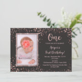 Invitation Rose Gold Noir Premier Anniversaire Photo (Debout devant)