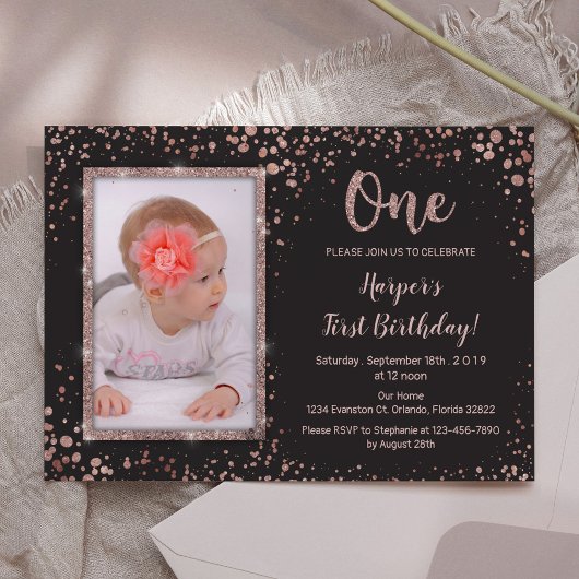 Invitation Rose Gold Noir Premier Anniversaire Photo