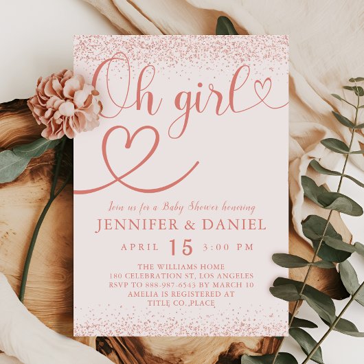 Invitation Rose Gold Oh Girl Blush Confetti Script