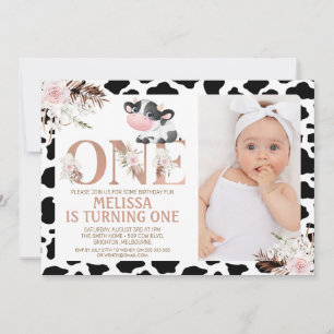 Invitation Rose Gold One Photo Floral Cow 1er anniversaire