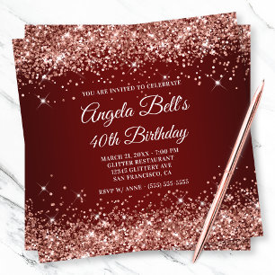 Invitation Rose Gold Pailleté Anniversaire 40 Ans Rouge Foncé