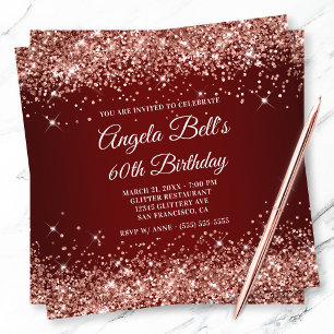 Invitation Rose Gold Pailleté Anniversaire 60 Ans Rouge Foncé