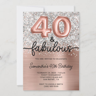 Invitation Rose Gold Pailleté Argent Glam 40 ans et Fabuleuse