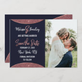 Invitation Rose Gold Pailleté Bleu Marine Circulaire Save the (Devant / Derrière)