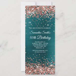 Invitation Rose Gold Pailleté Bleu Sarcelle Feuille 50e Anniv