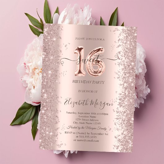 Invitation Rose Gold Pailleté Diamants Douce 16