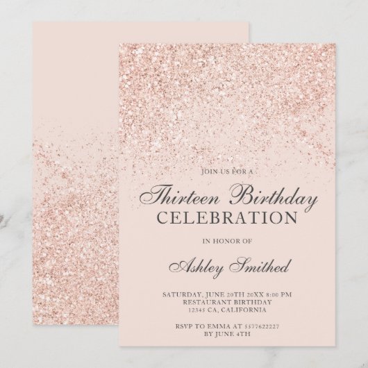 Invitation Rose gold pailleté éclaboussures rose treize (Devant / Derrière)