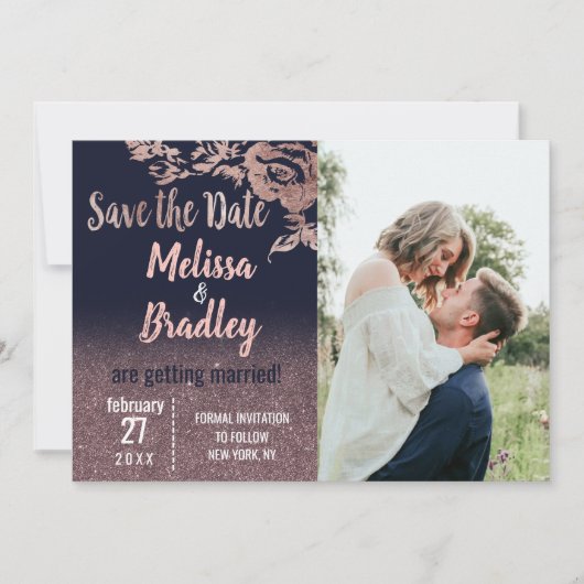 Invitation Rose Gold Pailleté Fleurs Bleu Marine Save the Dat (Devant)