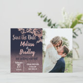 Invitation Rose Gold Pailleté Fleurs Bleu Marine Save the Dat (Debout devant)